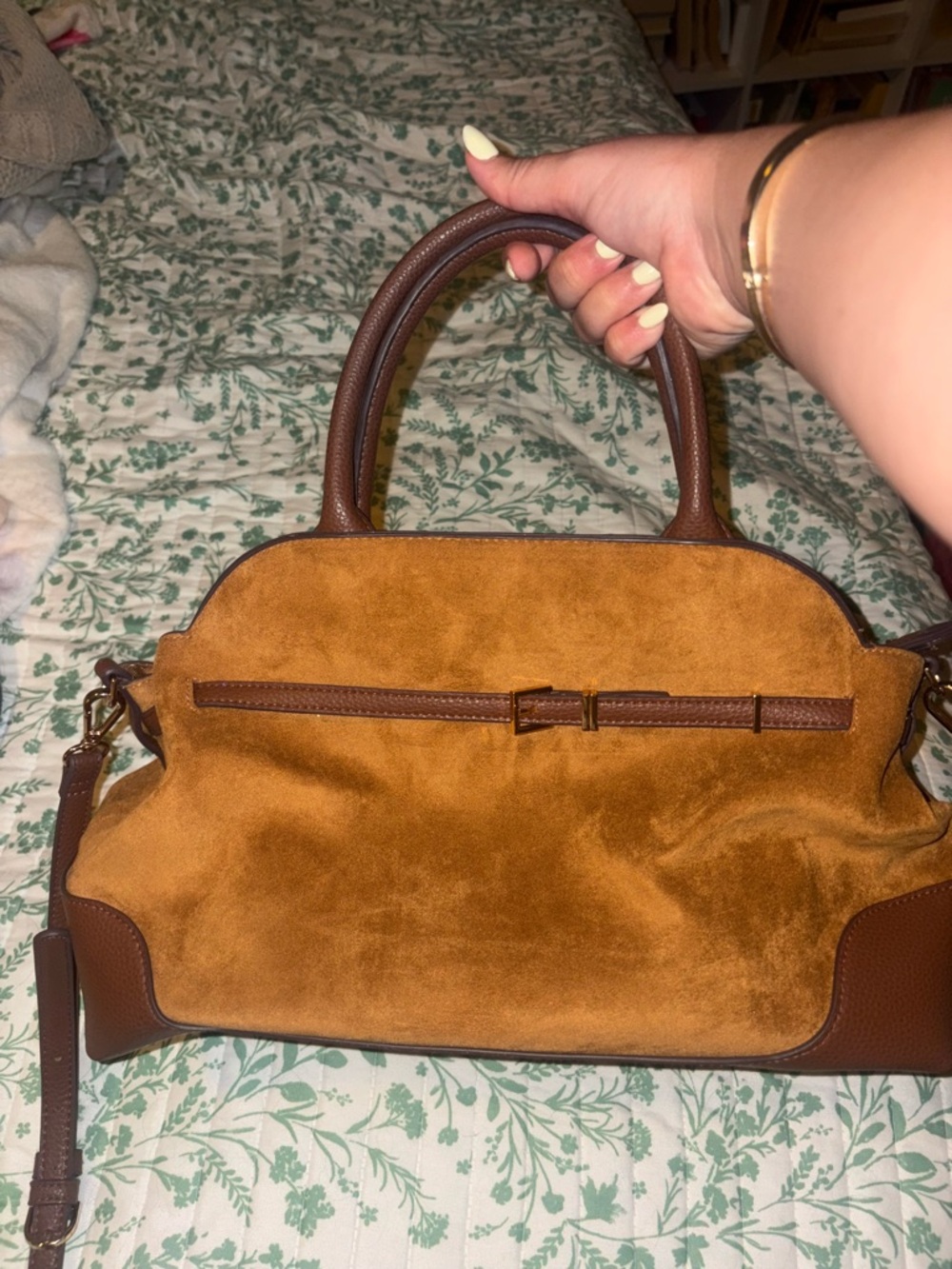a new day Suede Top-Handle Satchel in Cognac and Dark Brown